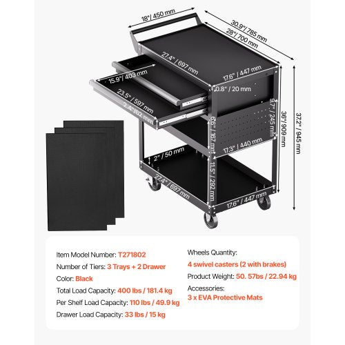 5-Tier Tool Cart on Wheels 400 lb Rolling Work Cart with Drawer and Pin Board | EU
