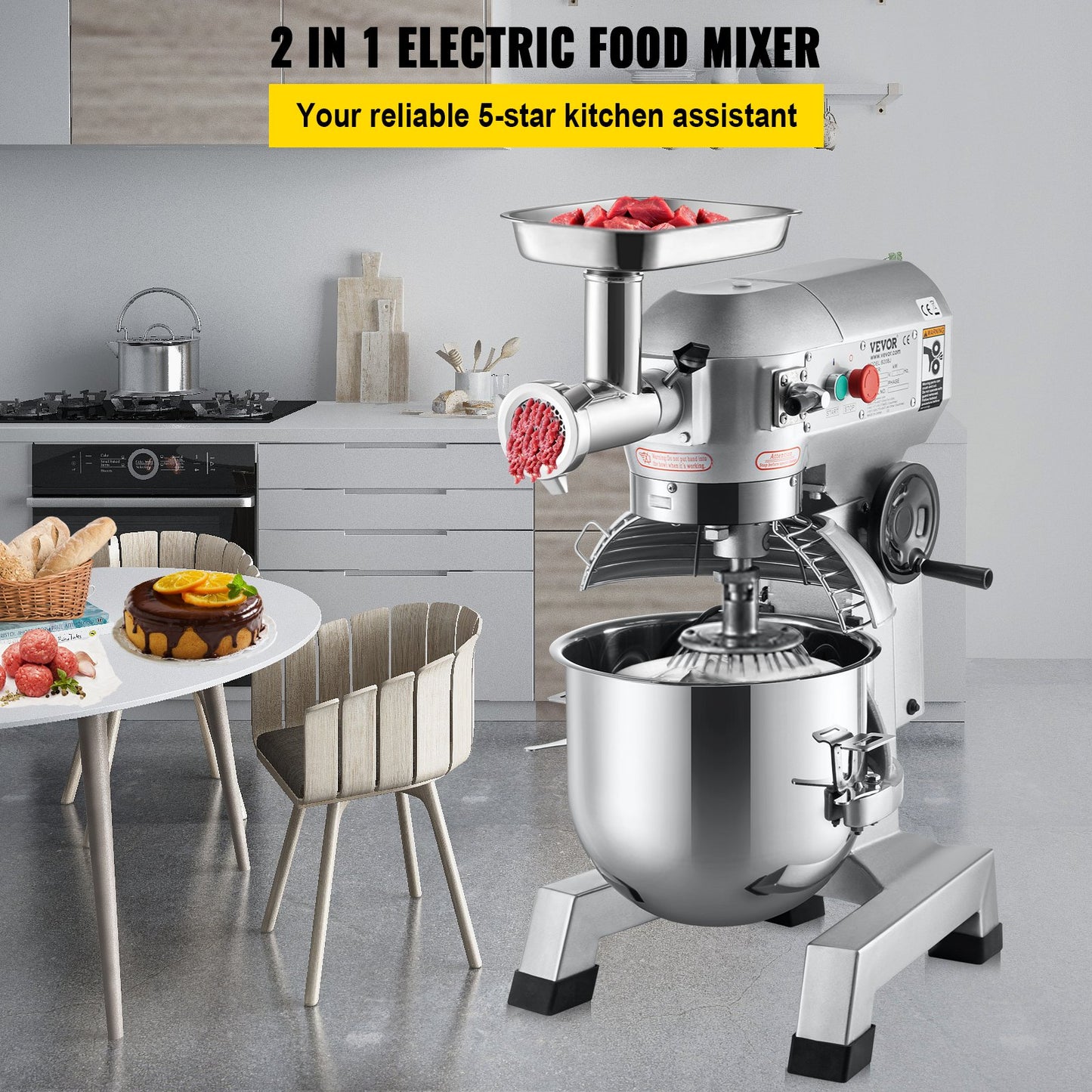 Kommerzieller Standmixer, 20-Qt-Edelstahlschüssel, 1100 W, 2-in-1-Multifunktions-Elektromixer mit Fleischwolf und 3 Geschwindigkeiten, Knethaken und Schneebesen im Lieferumfang enthalten, perfekt für Bäckerei und Pizzeria