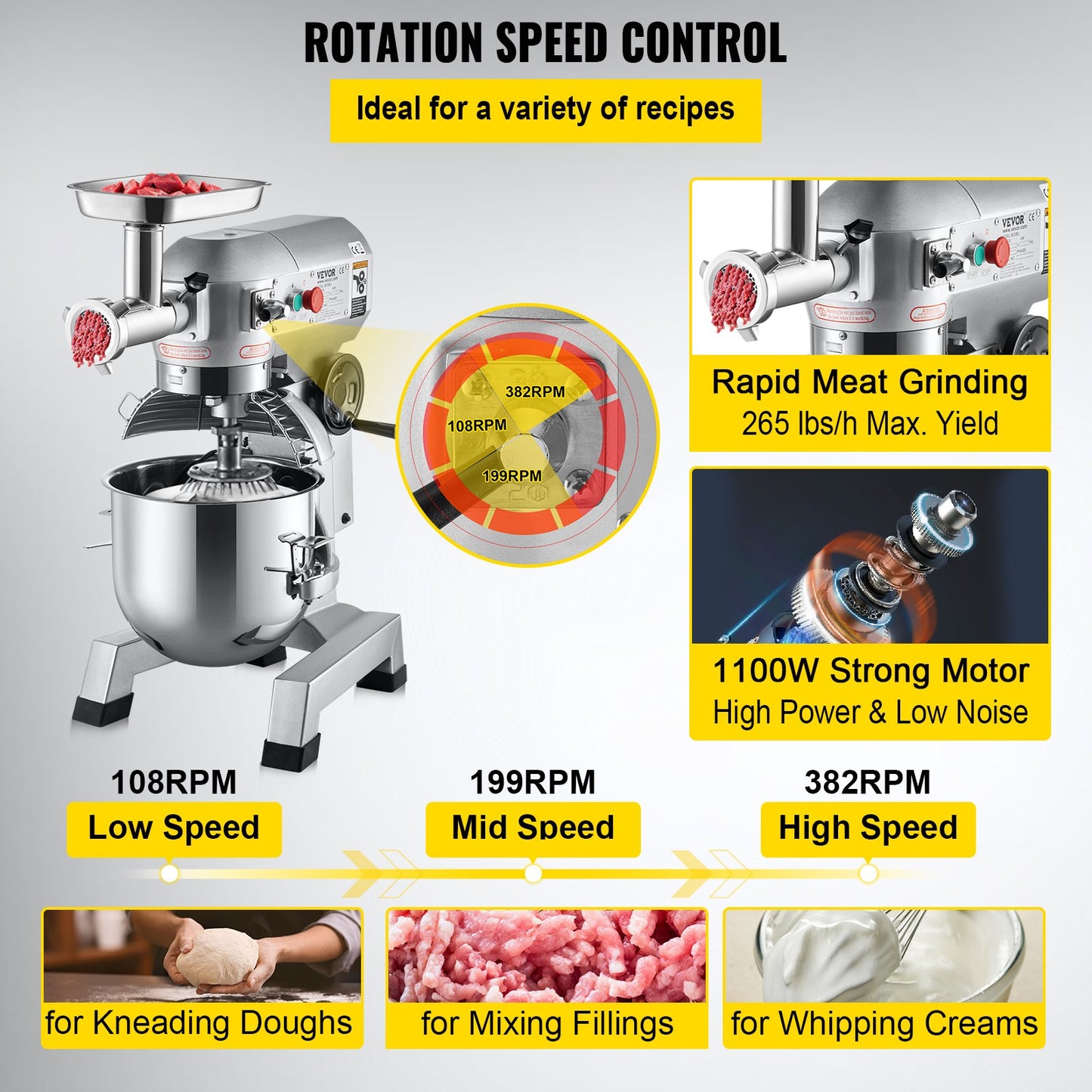 Kommerzieller Standmixer, 20-Qt-Edelstahlschüssel, 1100 W, 2-in-1-Multifunktions-Elektromixer mit Fleischwolf und 3 Geschwindigkeiten, Knethaken und Schneebesen im Lieferumfang enthalten, perfekt für Bäckerei und Pizzeria