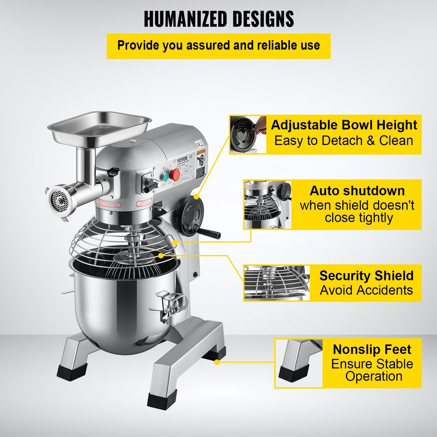 Kommerzieller Standmixer, 20-Qt-Edelstahlschüssel, 1100 W, 2-in-1-Multifunktions-Elektromixer mit Fleischwolf und 3 Geschwindigkeiten, Knethaken und Schneebesen im Lieferumfang enthalten, perfekt für Bäckerei und Pizzeria