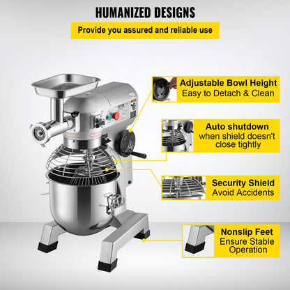 Kommerzieller Standmixer, 20-Qt-Edelstahlschüssel, 1100 W, 2-in-1-Multifunktions-Elektromixer mit Fleischwolf und 3 Geschwindigkeiten, Knethaken und Schneebesen im Lieferumfang enthalten, perfekt für Bäckerei und Pizzeria