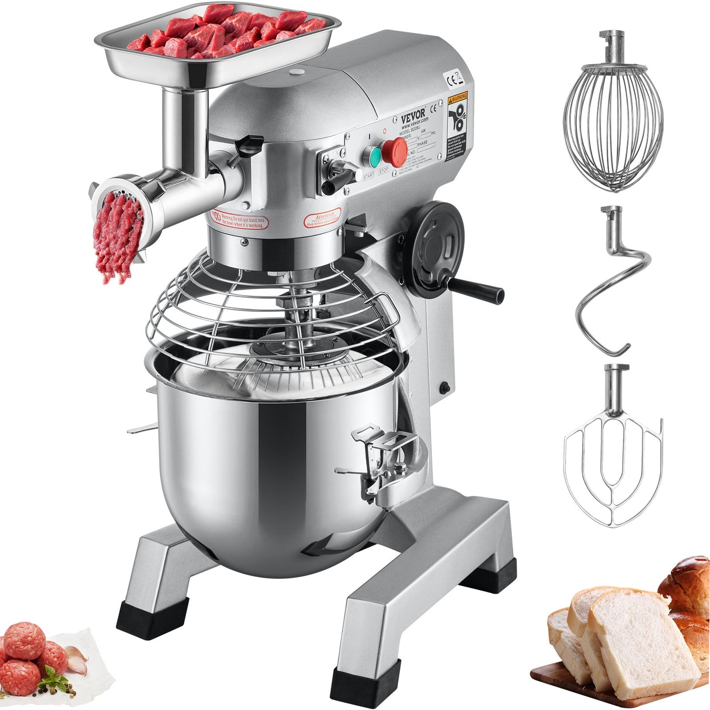 Kommerzieller Standmixer, 20-Qt-Edelstahlschüssel, 1100 W, 2-in-1-Multifunktions-Elektromixer mit Fleischwolf und 3 Geschwindigkeiten, Knethaken und Schneebesen im Lieferumfang enthalten, perfekt für Bäckerei und Pizzeria