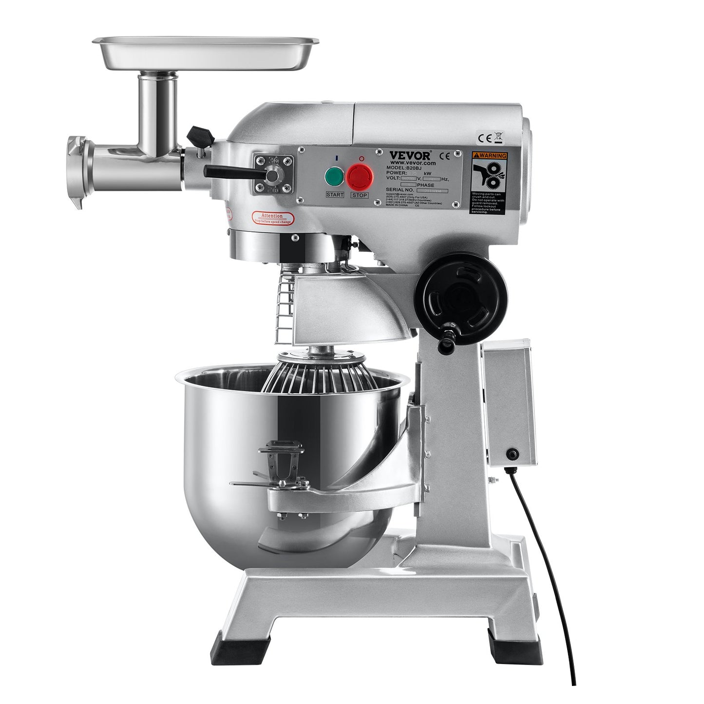 Kommerzieller Standmixer, 20-Qt-Edelstahlschüssel, 1100 W, 2-in-1-Multifunktions-Elektromixer mit Fleischwolf und 3 Geschwindigkeiten, Knethaken und Schneebesen im Lieferumfang enthalten, perfekt für Bäckerei und Pizzeria