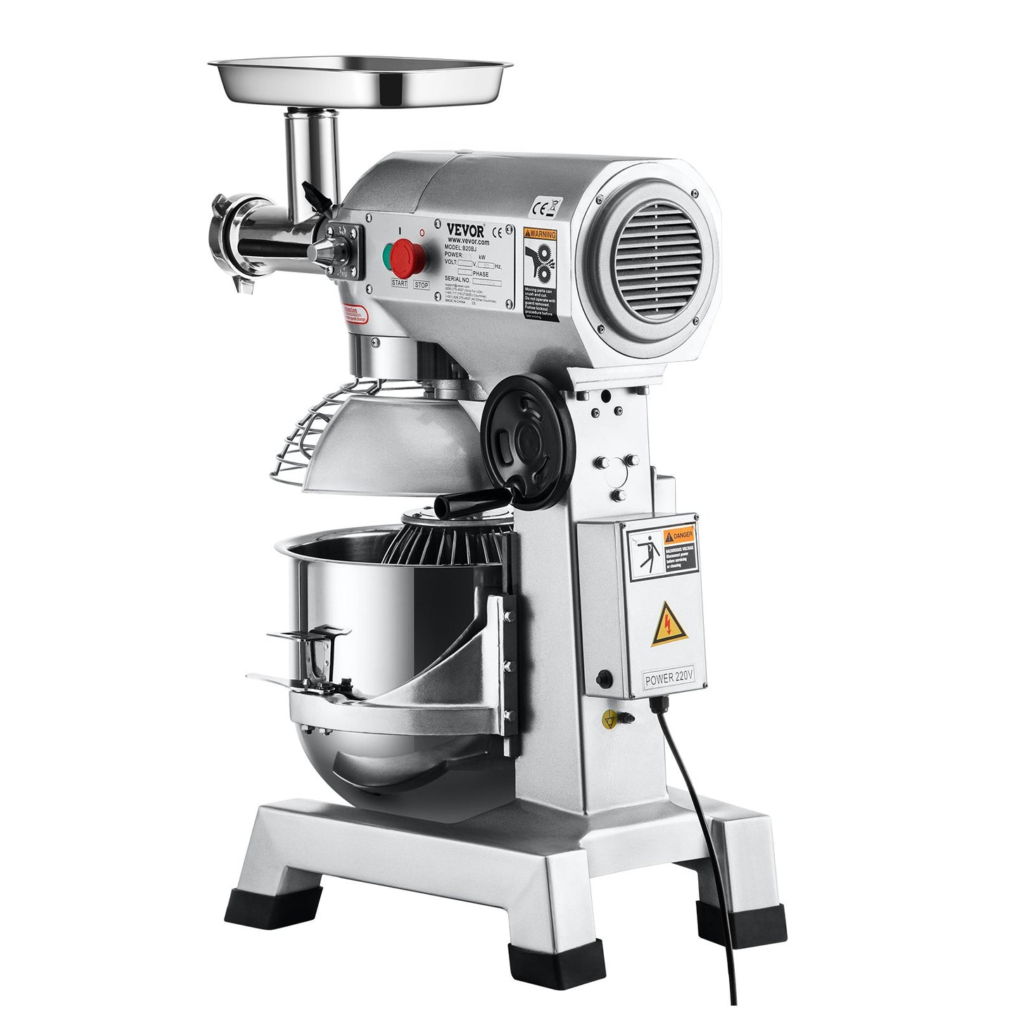 Kommerzieller Standmixer, 20-Qt-Edelstahlschüssel, 1100 W, 2-in-1-Multifunktions-Elektromixer mit Fleischwolf und 3 Geschwindigkeiten, Knethaken und Schneebesen im Lieferumfang enthalten, perfekt für Bäckerei und Pizzeria