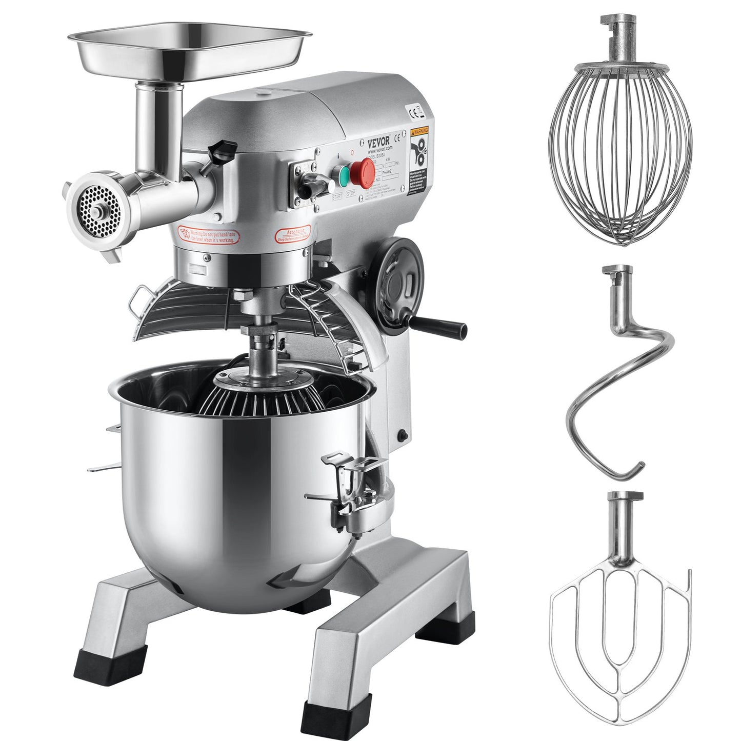 Kommerzieller Standmixer, 20-Qt-Edelstahlschüssel, 1100 W, 2-in-1-Multifunktions-Elektromixer mit Fleischwolf und 3 Geschwindigkeiten, Knethaken und Schneebesen im Lieferumfang enthalten, perfekt für Bäckerei und Pizzeria