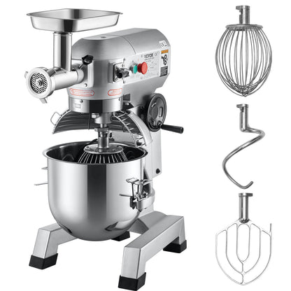Kommerzieller Standmixer, 20-Qt-Edelstahlschüssel, 1100 W, 2-in-1-Multifunktions-Elektromixer mit Fleischwolf und 3 Geschwindigkeiten, Knethaken und Schneebesen im Lieferumfang enthalten, perfekt für Bäckerei und Pizzeria