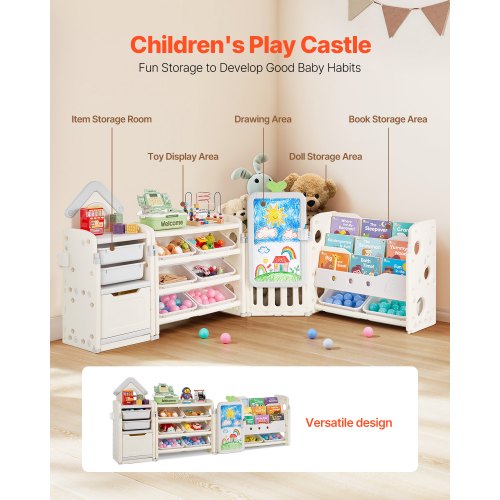 Children's toy storage and bookshelf with 10 removable plastic drawers and drawing board