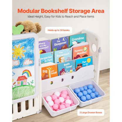 Children's toy storage and bookshelf with 10 removable plastic drawers and drawing board