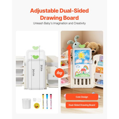Children's toy storage and bookshelf with 10 removable plastic drawers and drawing board