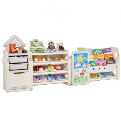 Children's toy storage and bookshelf with 10 removable plastic drawers and drawing board