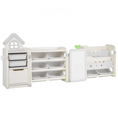 Children's toy storage and bookshelf with 10 removable plastic drawers and drawing board
