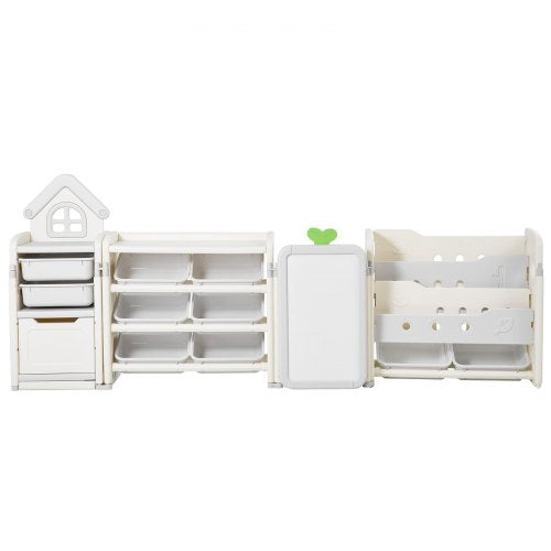 Children's toy storage and bookshelf with 10 removable plastic drawers and drawing board
