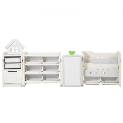 Children's toy storage and bookshelf with 10 removable plastic drawers and drawing board