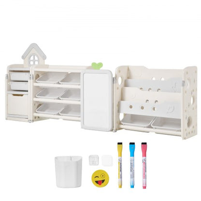 Children's toy storage and bookshelf with 10 removable plastic drawers and drawing board