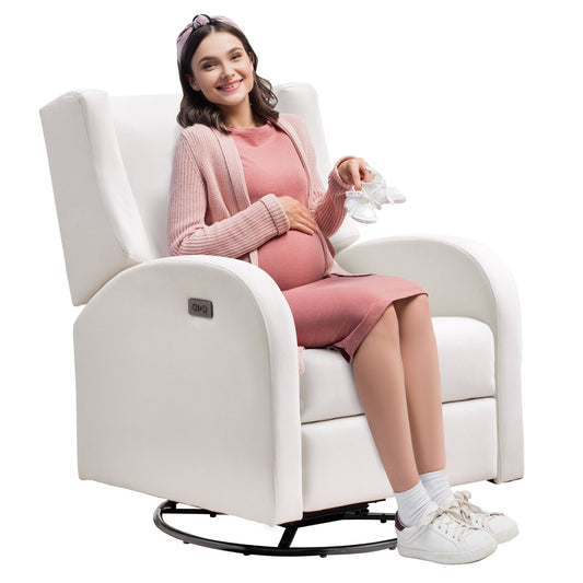 Electronic Power Recliner och Swivel Glider, 113,4 kg Vikt Kapacitet Swivel Glider Liggstol med justerbar vinkel, Polyester Surface Recliner Rocker för vardagsrum, sovrum, off White