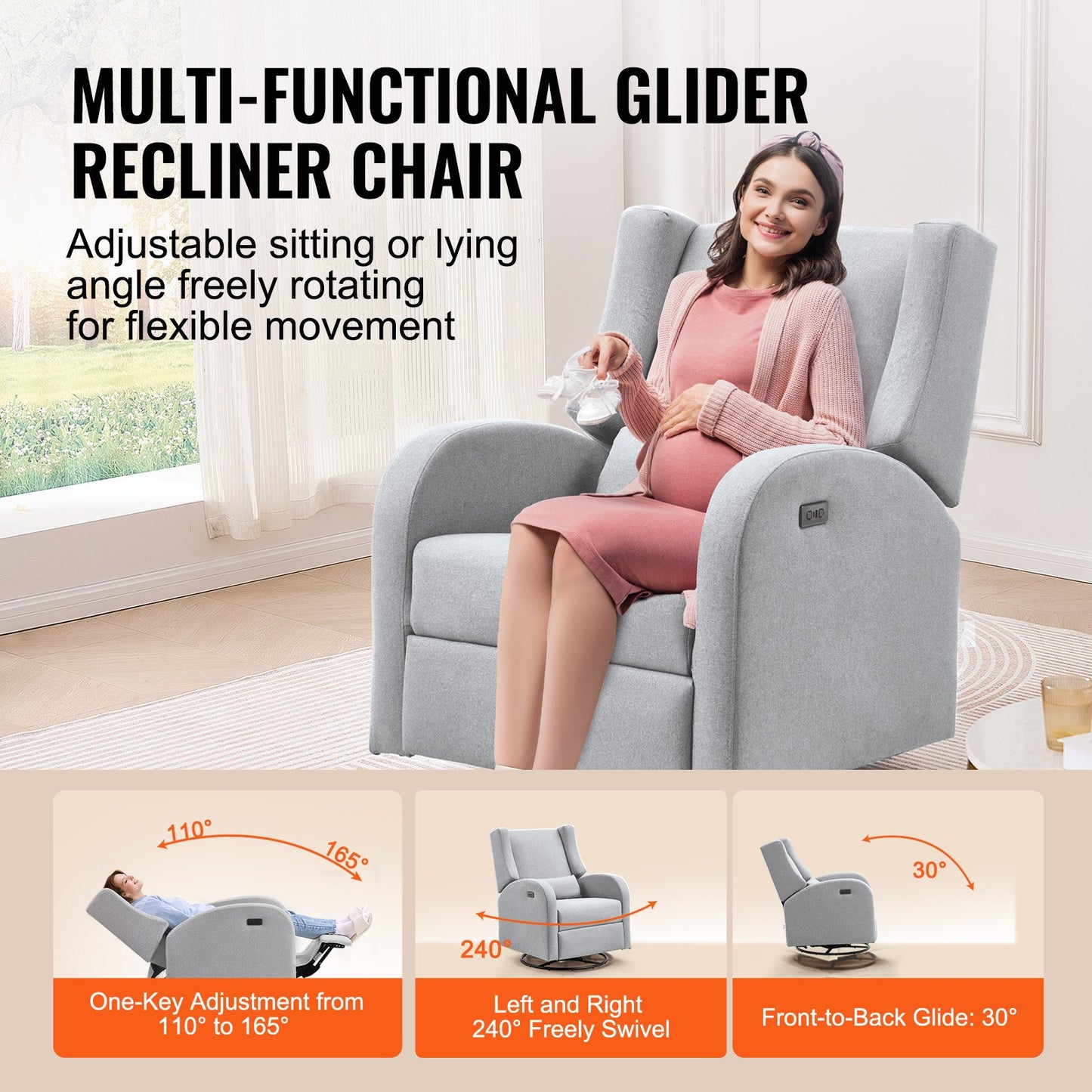Electronic Power Recliner och Swivel Glider, 113,4 kg Vikt Kapacitet Swivel Glider Liggstol med justerbar vinkel, Polyester Surface Recliner Rocker för vardagsrum, sovrum, ljusgrå
