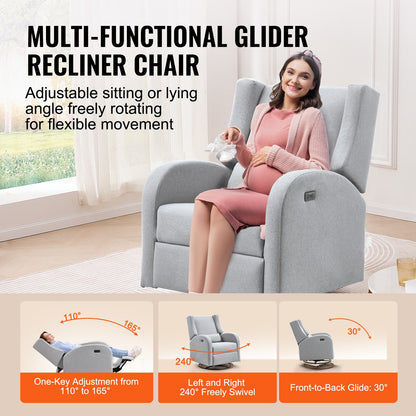 Electronic Power Recliner och Swivel Glider, 113,4 kg Vikt Kapacitet Swivel Glider Liggstol med justerbar vinkel, Polyester Surface Recliner Rocker för vardagsrum, sovrum, ljusgrå