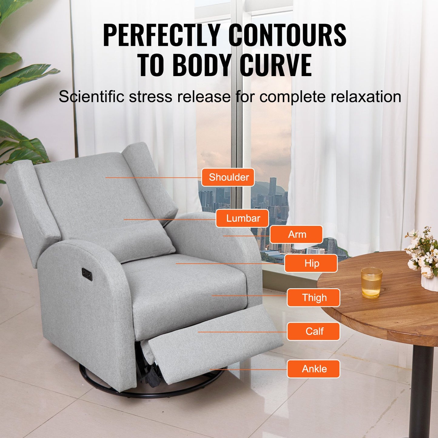 Electronic Power Recliner och Swivel Glider, 113,4 kg Vikt Kapacitet Swivel Glider Liggstol med justerbar vinkel, Polyester Surface Recliner Rocker för vardagsrum, sovrum, ljusgrå