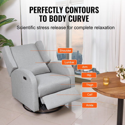 Electronic Power Recliner och Swivel Glider, 113,4 kg Vikt Kapacitet Swivel Glider Liggstol med justerbar vinkel, Polyester Surface Recliner Rocker för vardagsrum, sovrum, ljusgrå