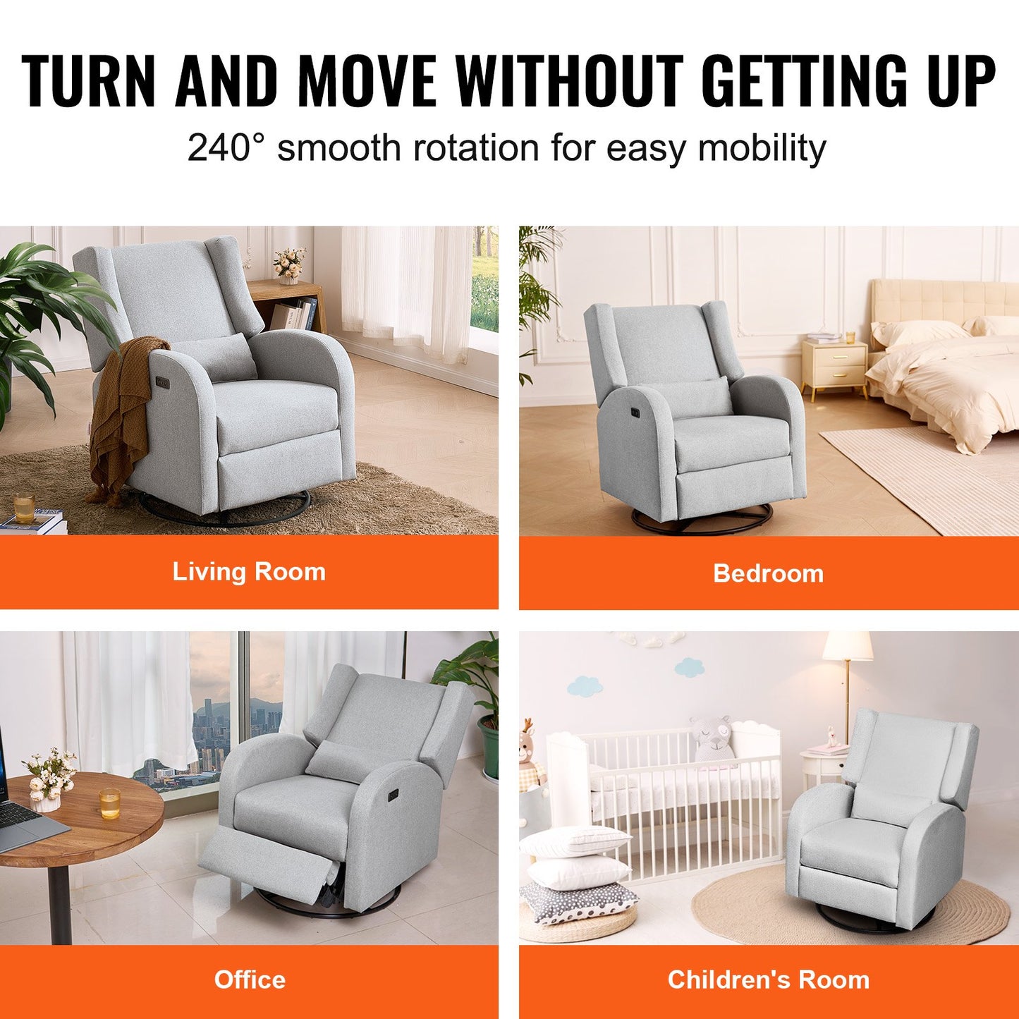 Electronic Power Recliner och Swivel Glider, 113,4 kg Vikt Kapacitet Swivel Glider Liggstol med justerbar vinkel, Polyester Surface Recliner Rocker för vardagsrum, sovrum, ljusgrå