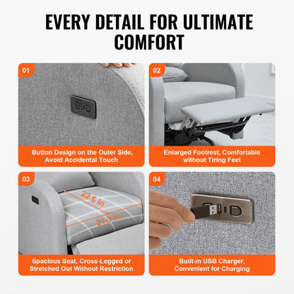 Electronic Power Recliner och Swivel Glider, 113,4 kg Vikt Kapacitet Swivel Glider Liggstol med justerbar vinkel, Polyester Surface Recliner Rocker för vardagsrum, sovrum, ljusgrå