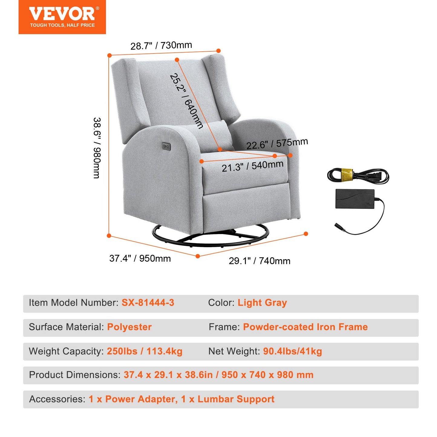 Electronic Power Recliner och Swivel Glider, 113,4 kg Vikt Kapacitet Swivel Glider Liggstol med justerbar vinkel, Polyester Surface Recliner Rocker för vardagsrum, sovrum, ljusgrå