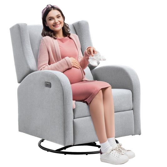 Electronic Power Recliner och Swivel Glider, 113,4 kg Vikt Kapacitet Swivel Glider Liggstol med justerbar vinkel, Polyester Surface Recliner Rocker för vardagsrum, sovrum, ljusgrå