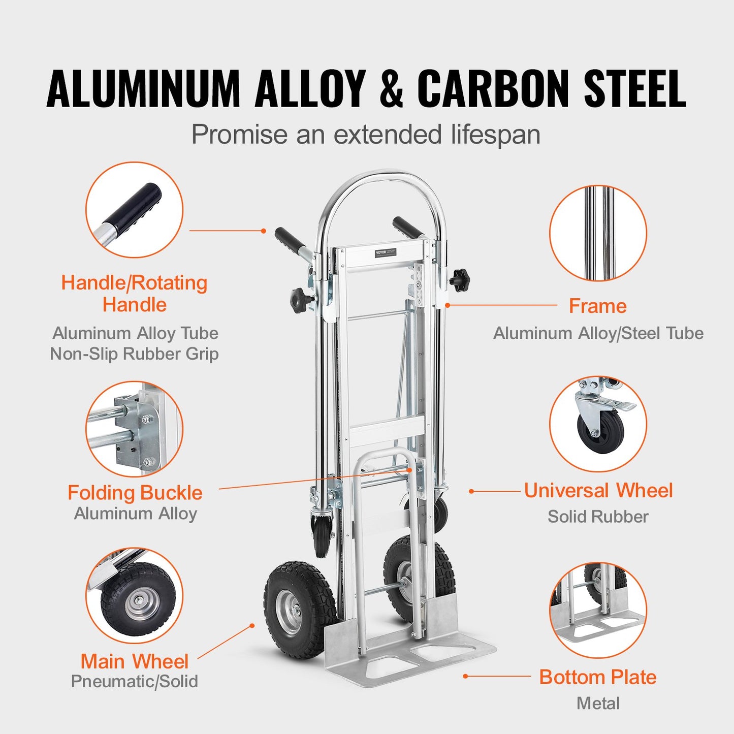 Aluminium-Sackkarre, 4-in-1, 1000 lbs Tragkraft, robuster, industrieller, umwandelbarer, faltbarer Sackkarre und Rollwagen, Mehrzweckwagen lässt sich von Sackkarre in Plattformwagen mit Gummirädern umwandeln