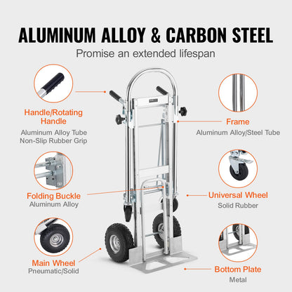 Aluminium-Sackkarre, 4-in-1, 1000 lbs Tragkraft, robuster, industrieller, umwandelbarer, faltbarer Sackkarre und Rollwagen, Mehrzweckwagen lässt sich von Sackkarre in Plattformwagen mit Gummirädern umwandeln