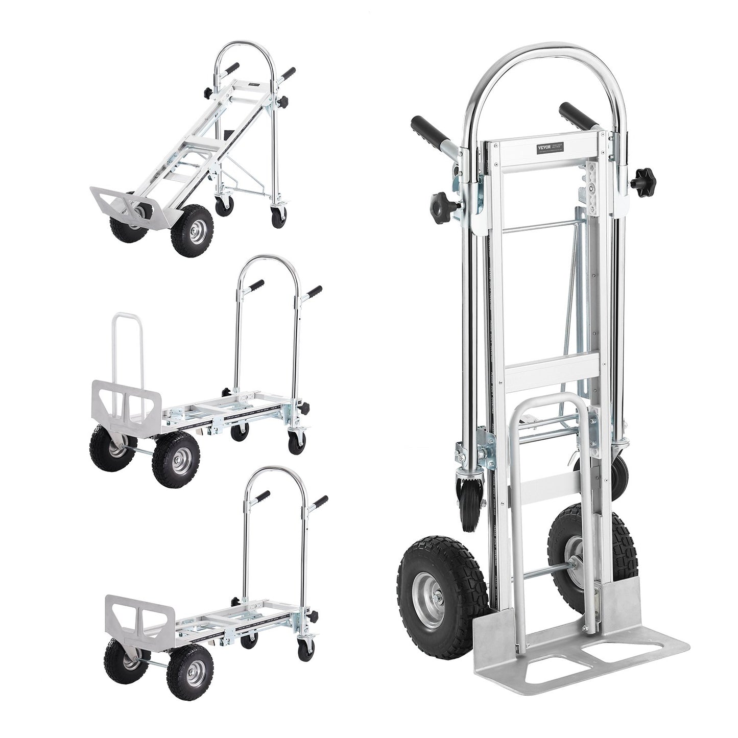Aluminium-Sackkarre, 4-in-1, 1000 lbs Tragkraft, robuster, industrieller, umwandelbarer, faltbarer Sackkarre und Rollwagen, Mehrzweckwagen lässt sich von Sackkarre in Plattformwagen mit Gummirädern umwandeln