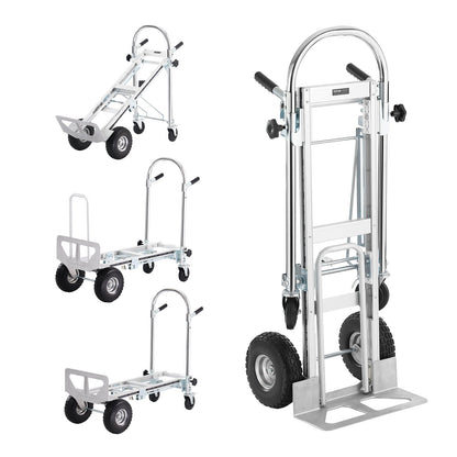 Aluminium-Sackkarre, 4-in-1, 1000 lbs Tragkraft, robuster, industrieller, umwandelbarer, faltbarer Sackkarre und Rollwagen, Mehrzweckwagen lässt sich von Sackkarre in Plattformwagen mit Gummirädern umwandeln