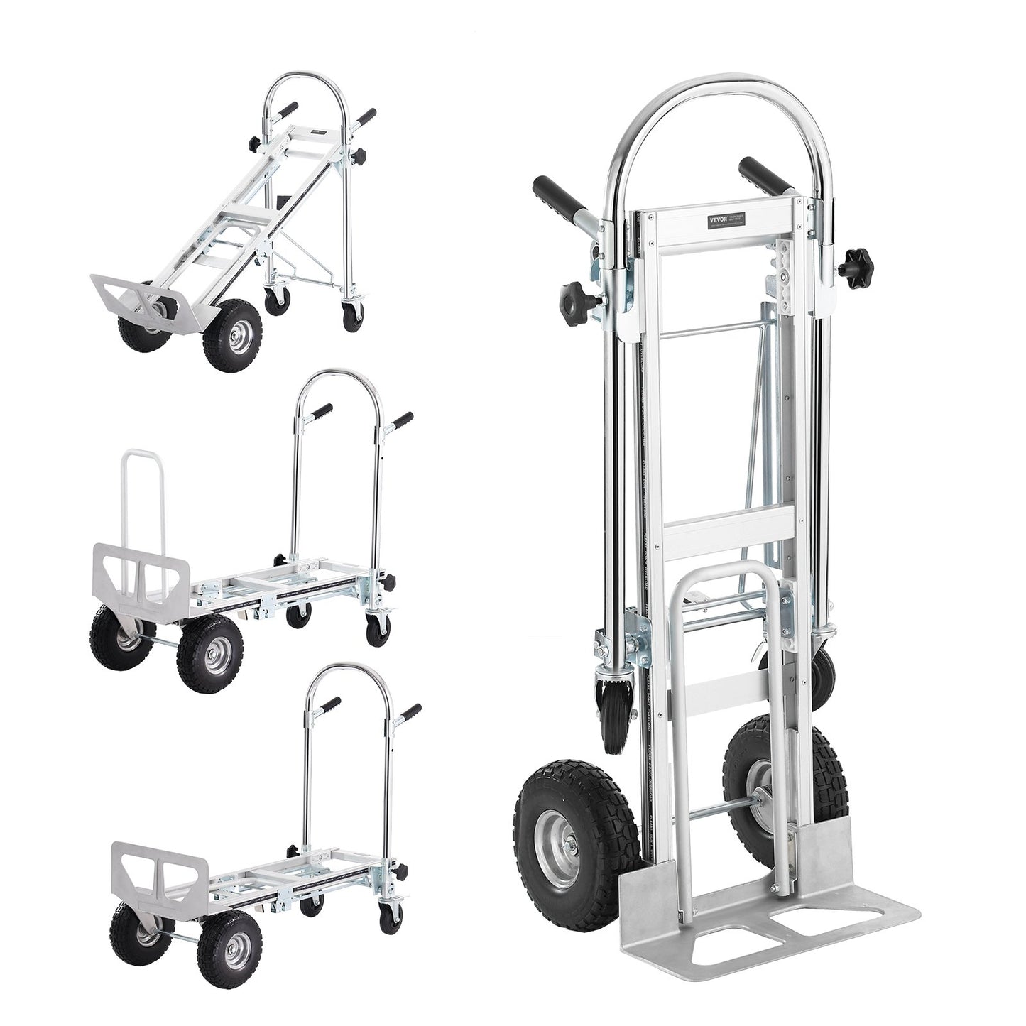 Aluminium-Sackkarre, 4-in-1, 1000 lbs Tragkraft, robuster, industrieller, umwandelbarer, faltbarer Sackkarre und Rollwagen, Mehrzweckwagen lässt sich von Sackkarre in Plattformwagen mit Gummirädern umwandeln