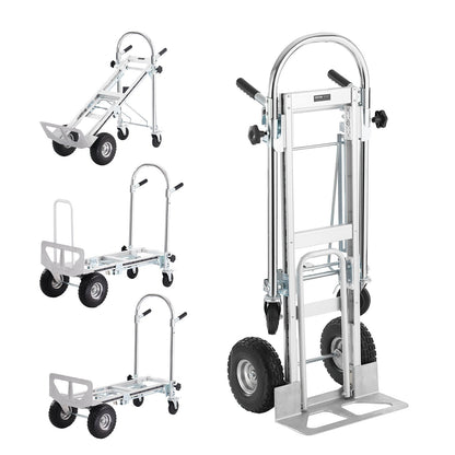 Aluminium-Sackkarre, 4-in-1, 1000 lbs Tragkraft, robuster, industrieller, umwandelbarer, faltbarer Sackkarre und Rollwagen, Mehrzweckwagen lässt sich von Sackkarre in Plattformwagen mit Gummirädern umwandeln