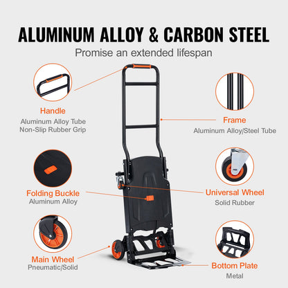 Aluminium Handtruck, 2 i 1, 300 lbs lastkapacitet, Heavy Duty Industrial Cabriolet hopfällbar Handtruck och Dolly, Utility Cart konverterar från Handtruck till plattformsvagn med gummihjul