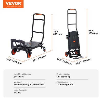 Aluminium Handtruck, 2 i 1, 300 lbs lastkapacitet, Heavy Duty Industrial Cabriolet hopfällbar Handtruck och Dolly, Utility Cart konverterar från Handtruck till plattformsvagn med gummihjul
