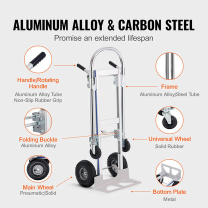 Aluminium Handtruck, 2 i 1, 800 lbs lastkapacitet, Heavy Duty Industriell Cabriolet hopfällbar Handtruck och Dolly, Utility Cart konverterar från Handtruck till plattformsvagn med gummihjul