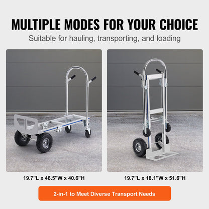 Aluminium Handtruck, 2 i 1, 800 lbs lastkapacitet, Heavy Duty Industriell Cabriolet hopfällbar Handtruck och Dolly, Utility Cart konverterar från Handtruck till plattformsvagn med gummihjul