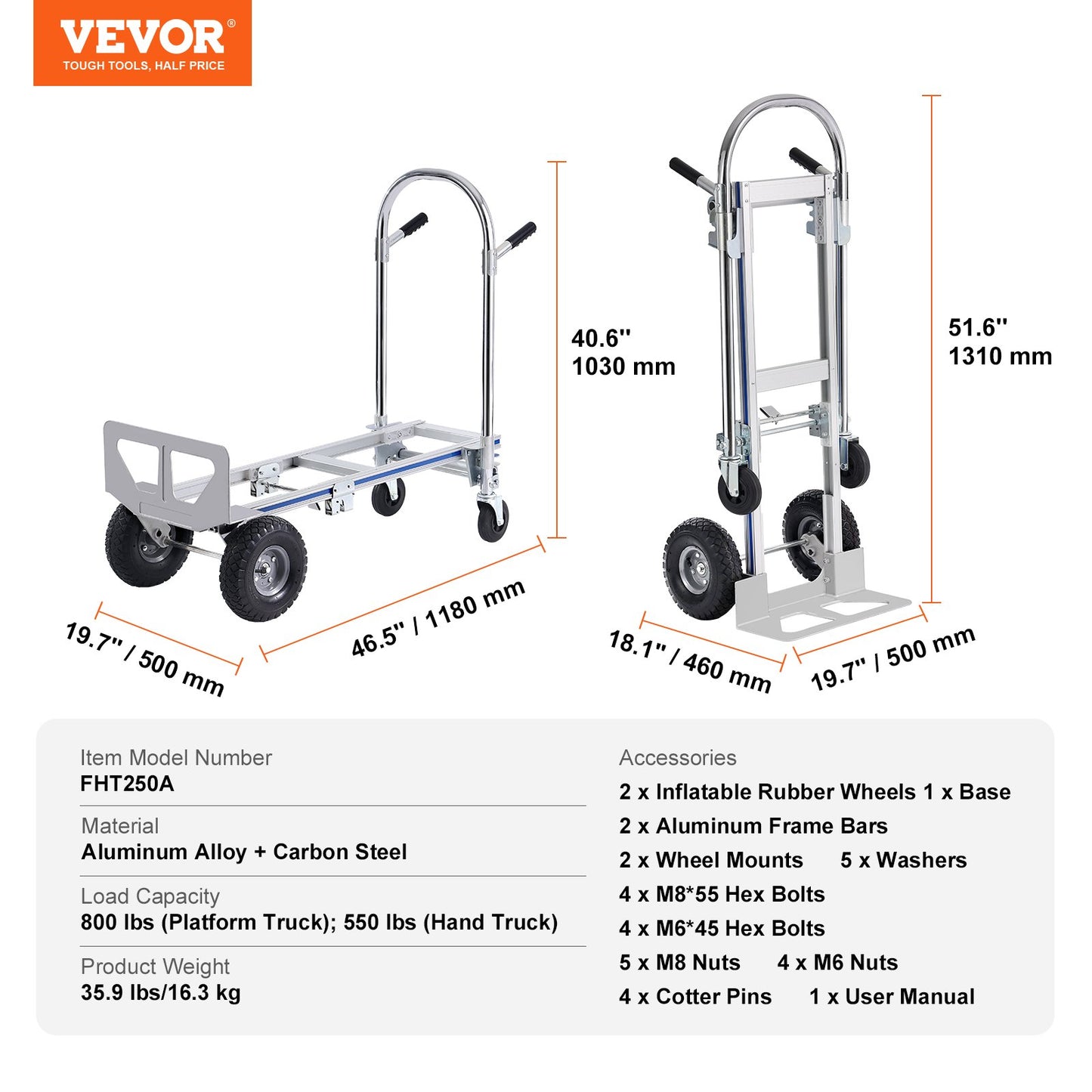 Aluminium Handtruck, 2 i 1, 800 lbs lastkapacitet, Heavy Duty Industriell Cabriolet hopfällbar Handtruck och Dolly, Utility Cart konverterar från Handtruck till plattformsvagn med gummihjul