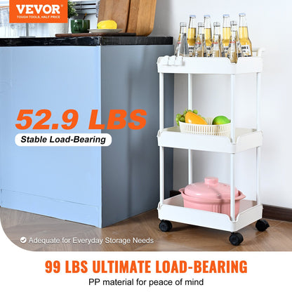 3-Tier Rolling Utility Cart, Kitchen Cart with Lockable Wheels, Multifunctional Storage Cart with Handle for Office, Living Room, Kitchen, Removable Shelves for Storage Basket, White