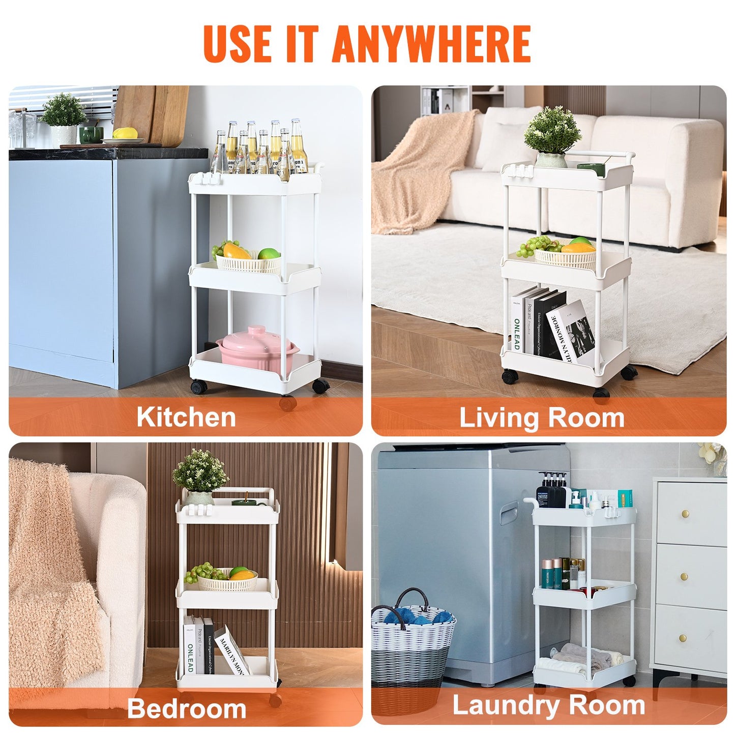 3-Tier Rolling Utility Cart, Kitchen Cart with Lockable Wheels, Multifunctional Storage Cart with Handle for Office, Living Room, Kitchen, Removable Shelves for Storage Basket, White