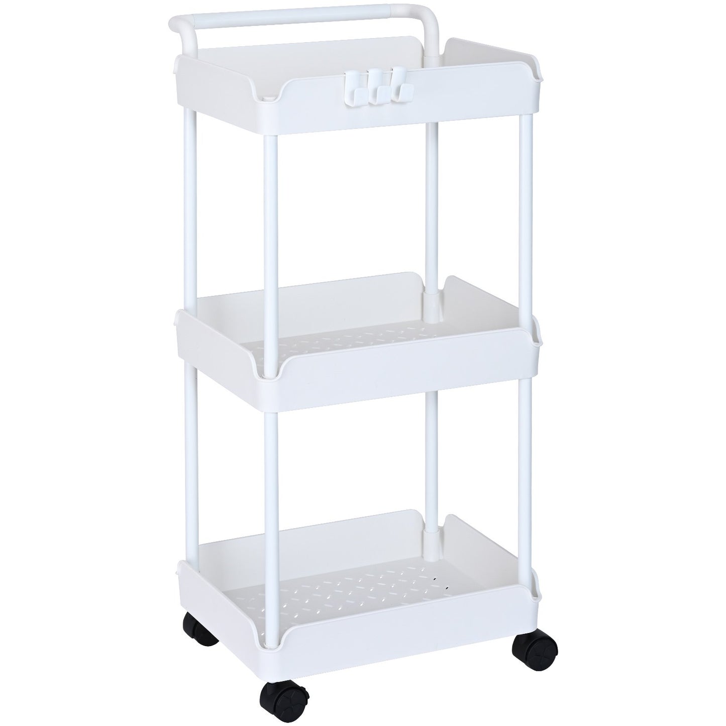 3-Tier Rolling Utility Cart, Kitchen Cart with Lockable Wheels, Multifunctional Storage Cart with Handle for Office, Living Room, Kitchen, Removable Shelves for Storage Basket, White