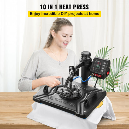 Wärmepresse 12 x 15 Zoll 10-in-1-Wärmepresse 1000-W-Wärmepressemaschine mit 360 ° -Drehung und Schwenkfunktion Schwarze 10-in-1-T-Shirt-Sublimationsmaschine Doppelrohrwärme für DIY-Stifte, Kappen, Tassen und Hemden