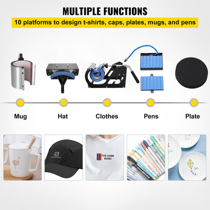 Wärmepresse 12 x 15 Zoll 10-in-1-Wärmepresse 1000-W-Wärmepressemaschine mit 360 ° -Drehung und Schwenkfunktion Schwarze 10-in-1-T-Shirt-Sublimationsmaschine Doppelrohrwärme für DIY-Stifte, Kappen, Tassen und Hemden
