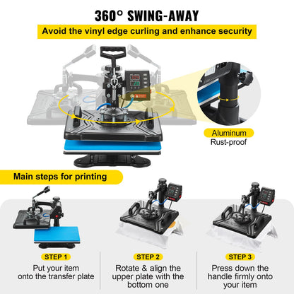 Wärmepresse 12 x 15 Zoll 10-in-1-Wärmepresse 1000-W-Wärmepressemaschine mit 360 ° -Drehung und Schwenkfunktion Schwarze 10-in-1-T-Shirt-Sublimationsmaschine Doppelrohrwärme für DIY-Stifte, Kappen, Tassen und Hemden