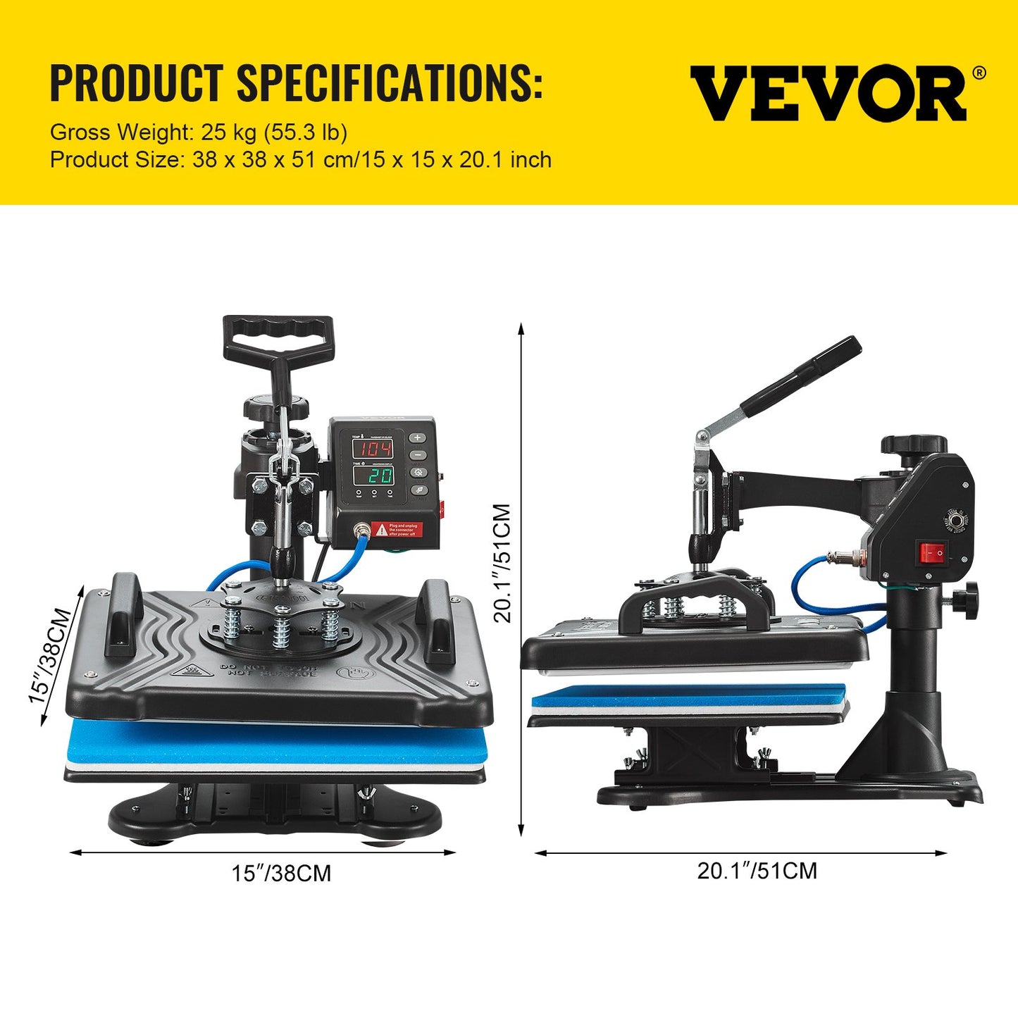 Wärmepresse 12 x 15 Zoll 10-in-1-Wärmepresse 1000-W-Wärmepressemaschine mit 360 ° -Drehung und Schwenkfunktion Schwarze 10-in-1-T-Shirt-Sublimationsmaschine Doppelrohrwärme für DIY-Stifte, Kappen, Tassen und Hemden