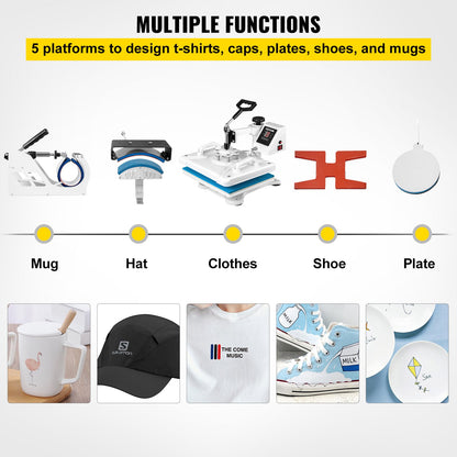 Heat Press 12 X 15 Inch 5 In 1 Heat Press 1250W Heat Press Machine Swing Away White Heat Press T-shirt Sublimation Printer Transfer 360 Degree Rotation for DIY Shoes Hat and T-shirt