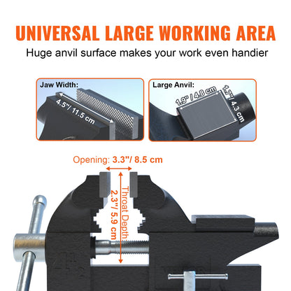 Bench vice, 4.5-inch jaw width 3.3-inch jaw opening, 240-degree swivel locking base Multi-function vice with anvil, heavy-duty cast iron vice with bolts and nuts, for drilling, pipe cutting