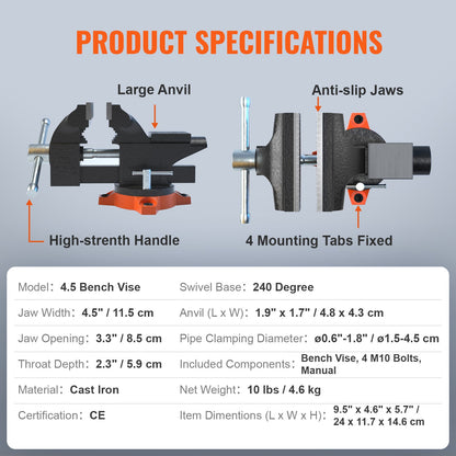 Bench vice, 4.5-inch jaw width 3.3-inch jaw opening, 240-degree swivel locking base Multi-function vice with anvil, heavy-duty cast iron vice with bolts and nuts, for drilling, pipe cutting