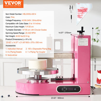 Tårtdekorationsmaskin Tårtfrosting bredning för 6" till 14" Cake Pink