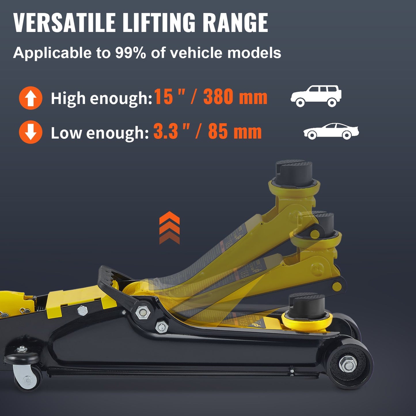Golvdomkraft, 2,5 ton lågprofils golvdomkraft, kraftigt stål Racing golvdomkraft med enkelkolvlyftpump, golvdomkraftslyftområde 85 mm-380 mm